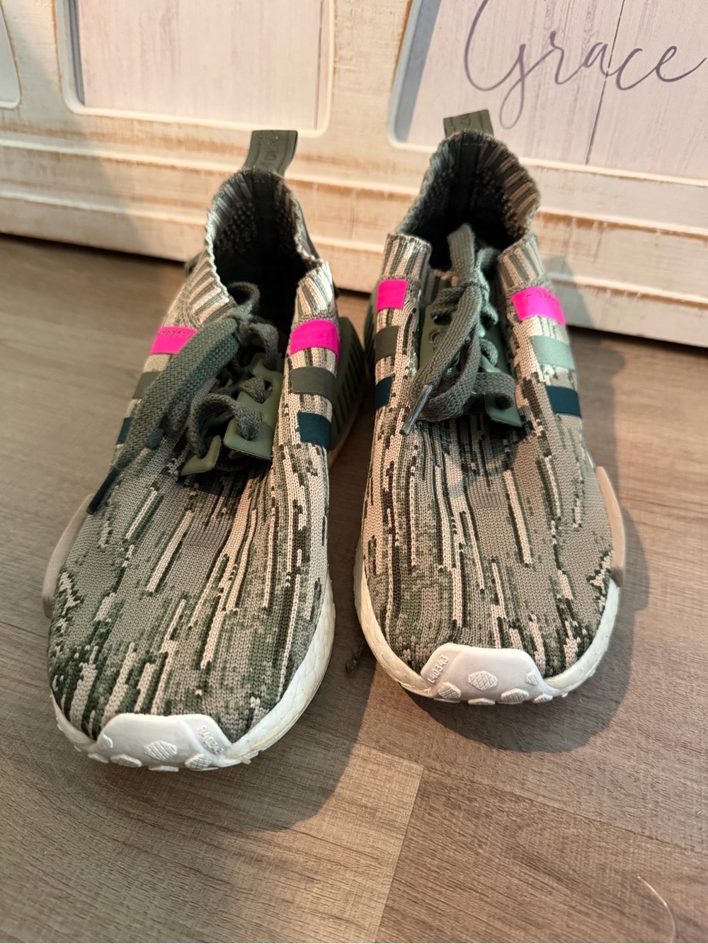 adidas Olive Green Knit Sneakers with Hot Pink Accent